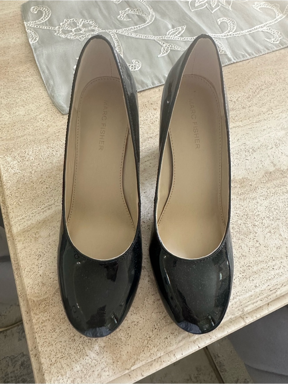 Marc Fisher Black Patent Round-Toe Pumps with Low Heel